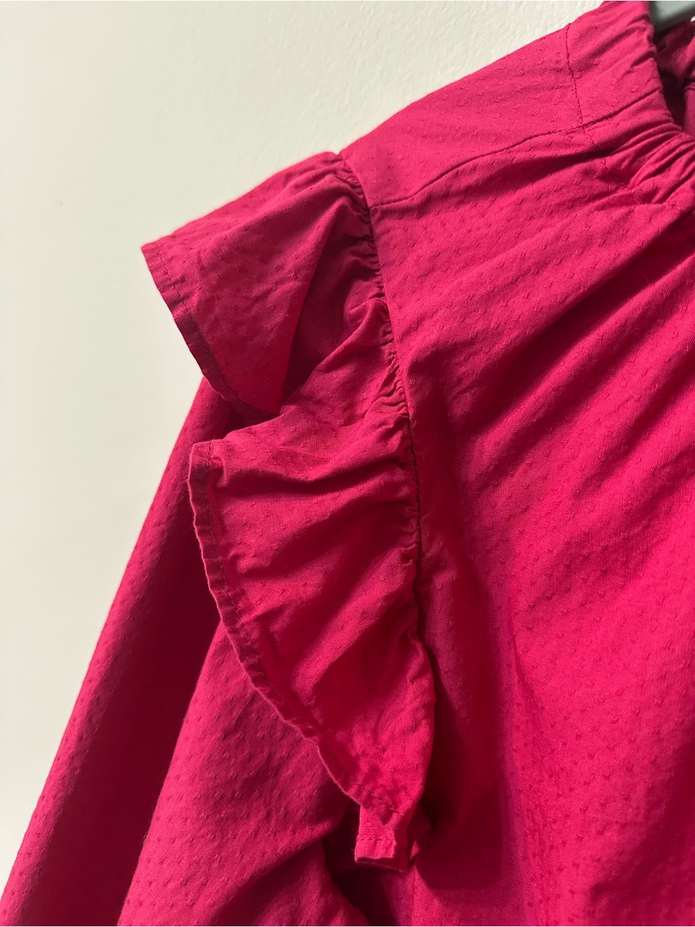 LOFT Pink Cotton Ruffle Blouse L Open Back Black Bow Tie Fuchsia Textured Top - Picture 3 of 11